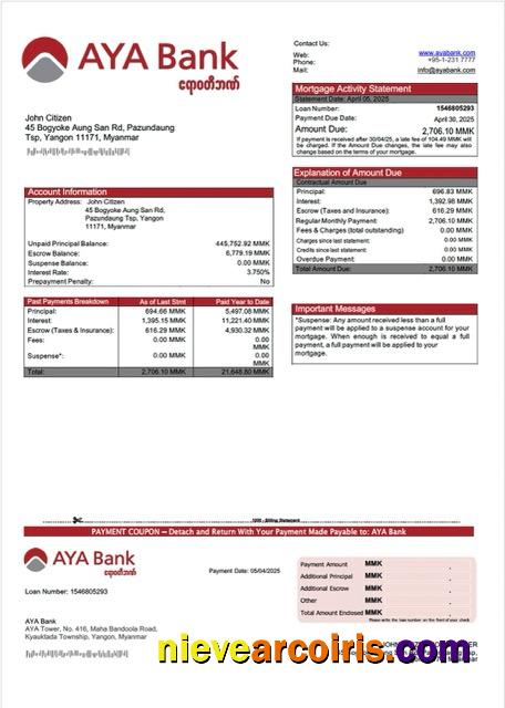 Myanmar AYA Bank mortgage statement Word and PDF template